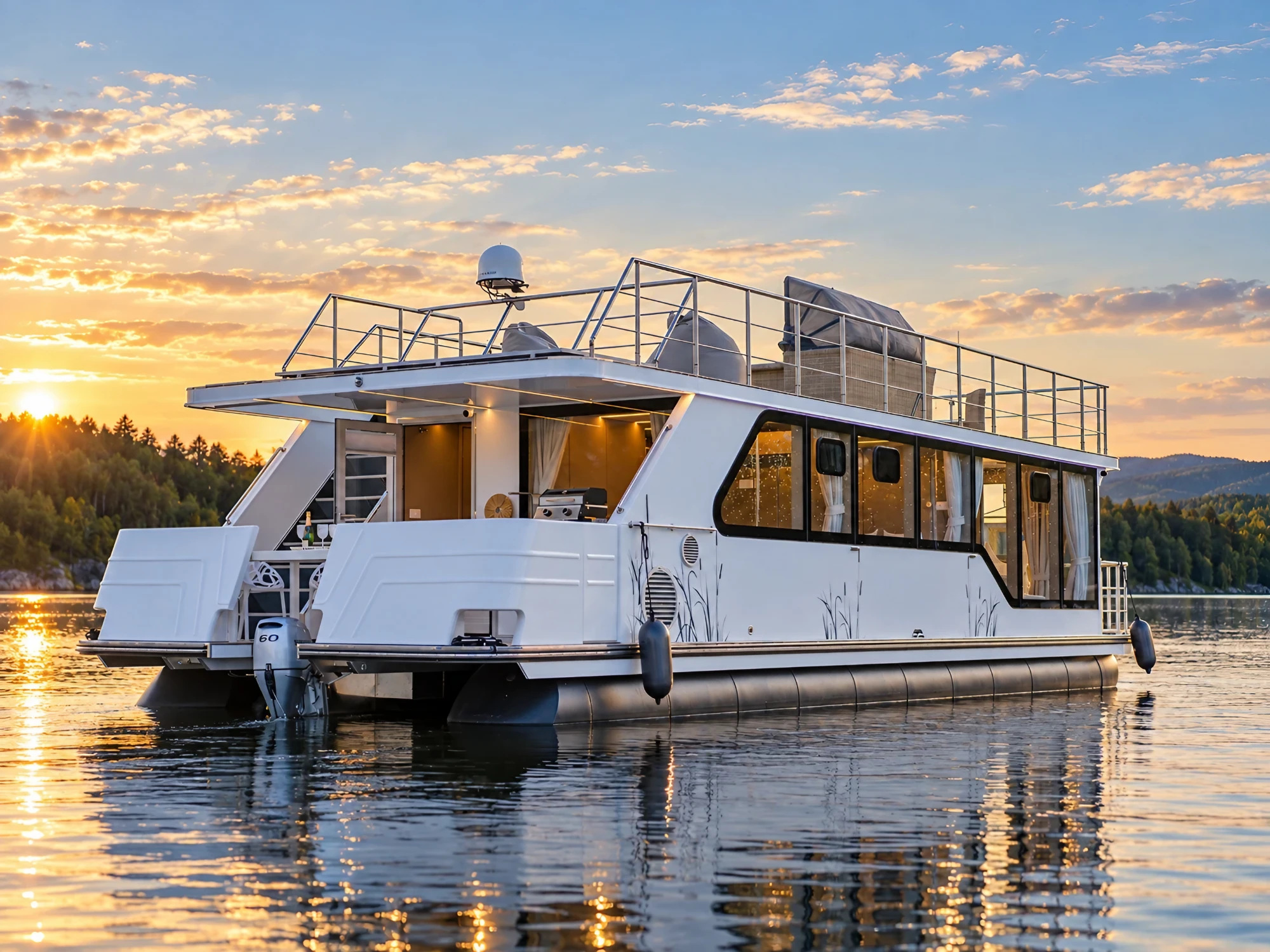 DESIDUS Hausyacht bei Sonnenuntergang auf dem See